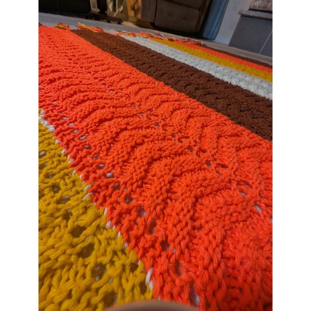 Crochet Afghan Yellow Orange Brown Harvest Autumn Blanket Handmade 54X59 Vintage